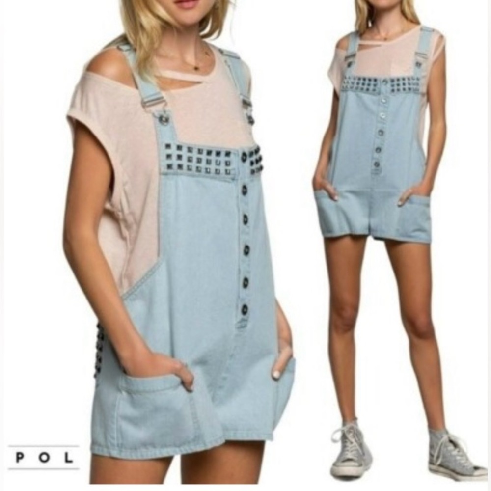 POL Stidded Denim Overall Shorts with Pockets - NEW MSRP $128